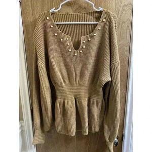 Pearl Beaded Notched Neck Drop Shoulder Peplum Sweater Tan Size 2XL SHEIN Knit